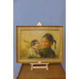 J. Chan, study of two children, oil on canvas, framed with easel