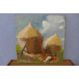 French Impressionist School, figures having a picnic by hay stacks, 50 x 50cms, unframed