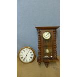 A 19th Century walnut Vienna wall clock, a/f and a circular beech wall clock