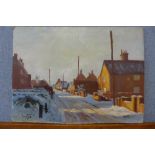 Manner of Edward Seago (1910-1974), winter village scene, oil on board, 28 x 38cms, unframed