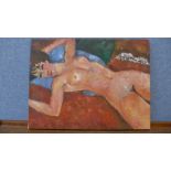 After Mogdiglini, portrait of a reclining female nude, oil on canvas, 30 x 40cms, unframed