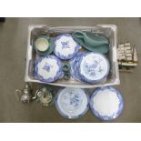 A collection of blue and white china, a model boat, two cloisonne enamel ducks and other green