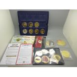 Six First World War commemorative coins with certificates, a coloured D-Day to Victory coin with