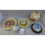 A Brambly Hedge miniature tea pot, cup, saucer and plate, a Limoges lidded pot, an Aynsley Orchard