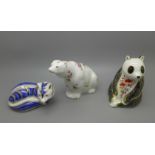 Three Royal Crown Derby Paperweights - Posies Polar Bear, silver stopper, Seated Panda Bear,