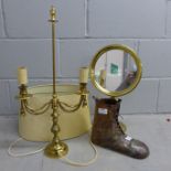 A copper boot, a metal lamp stand and shade, and a mirror **PLEASE NOTE THIS LOT IS NOT ELIGIBLE FOR