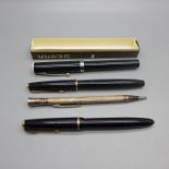 Two Parker pens with 14k gold nibs, a Sheaffer pen marked Opilon and a silver Eversharp pencil