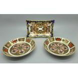 Two Royal Crown Derby 1128 pattern Imari pin dishes and a 2451 pattern tray