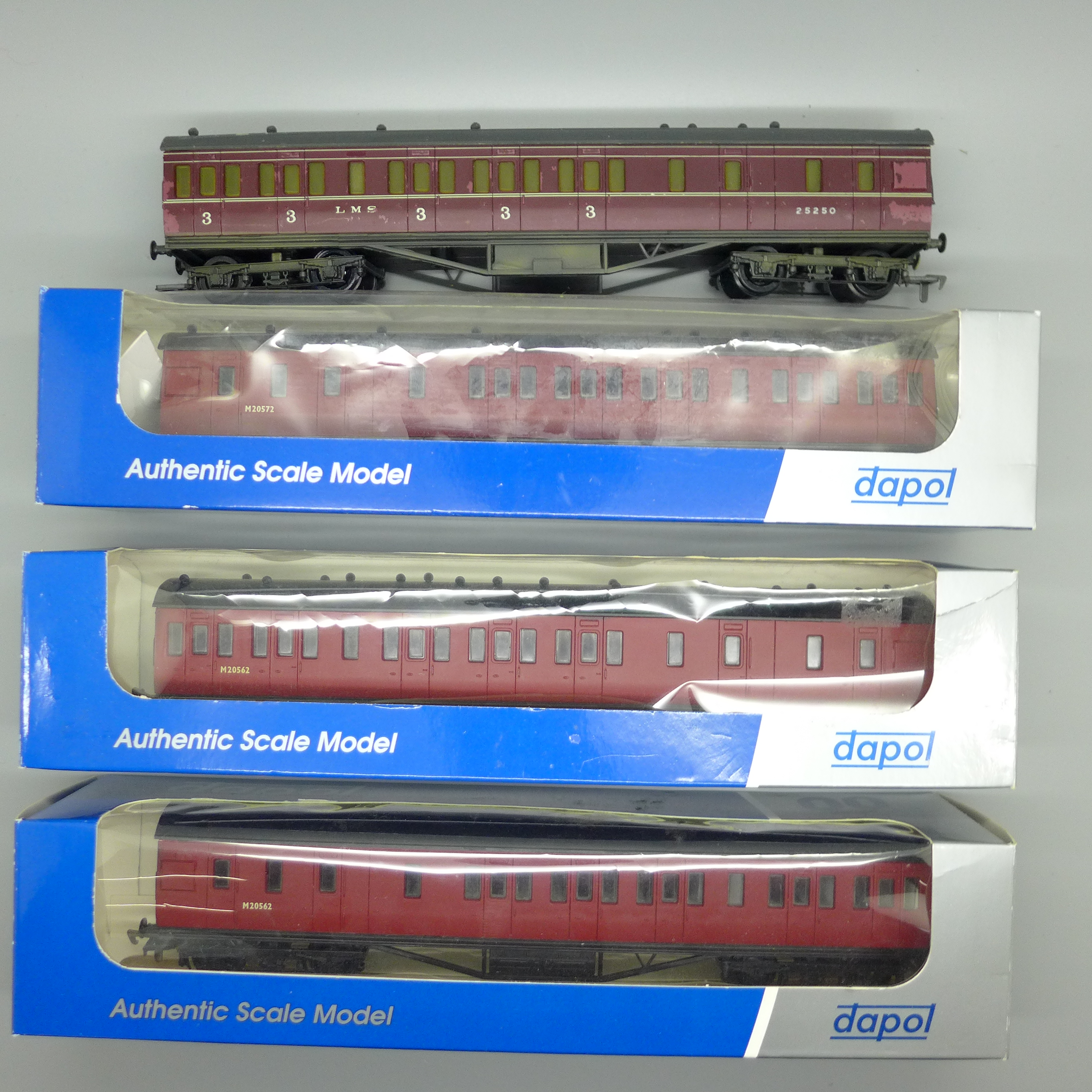 Four Dapol 00 gauge carriages, three boxed