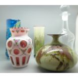 Three glass vases including Isle of Wight and M'dina, a glass decanter and a studio pottery vase