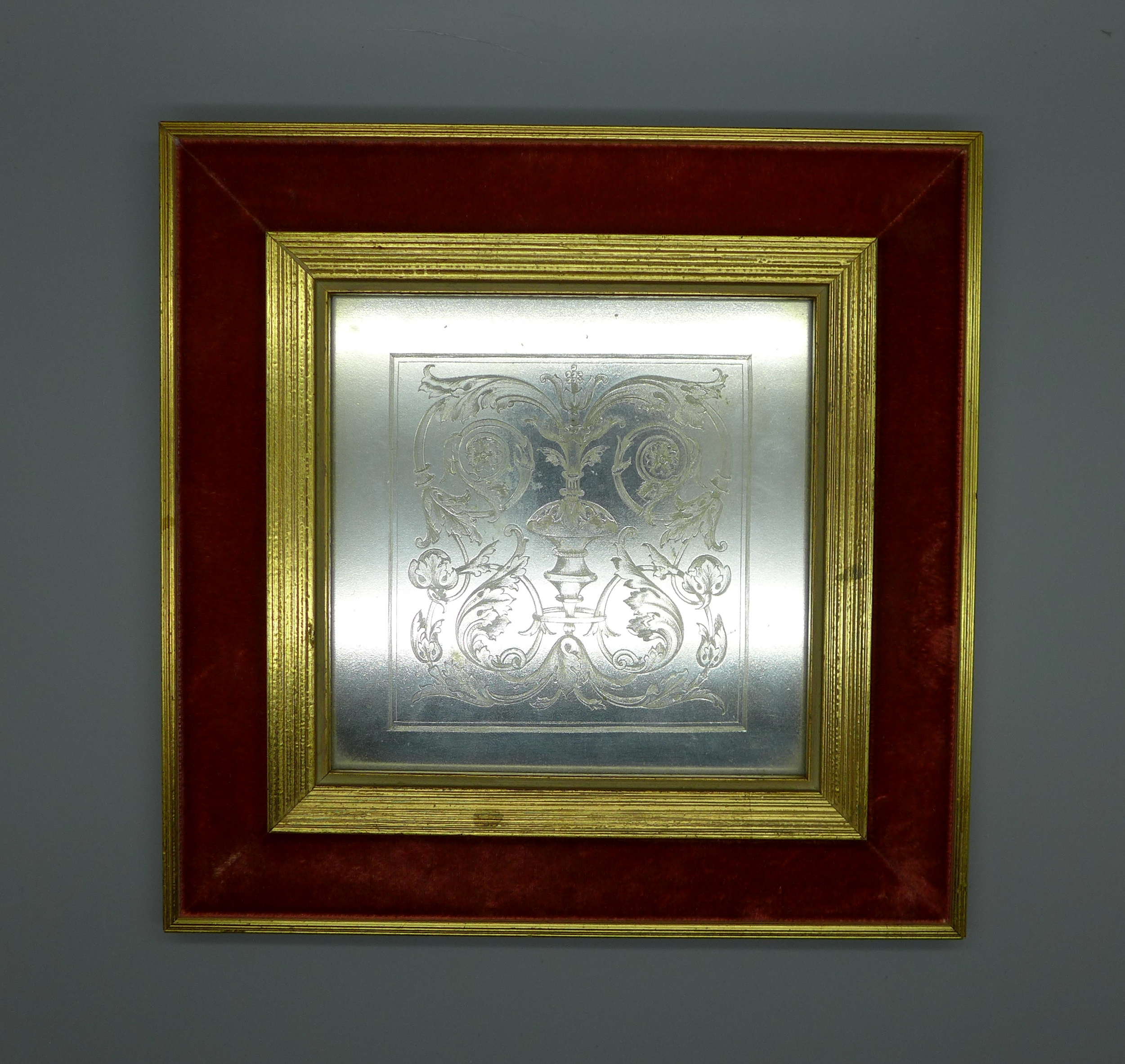 An etched white metal plaque in a frame, 13cm x 13cm - Image 2 of 2