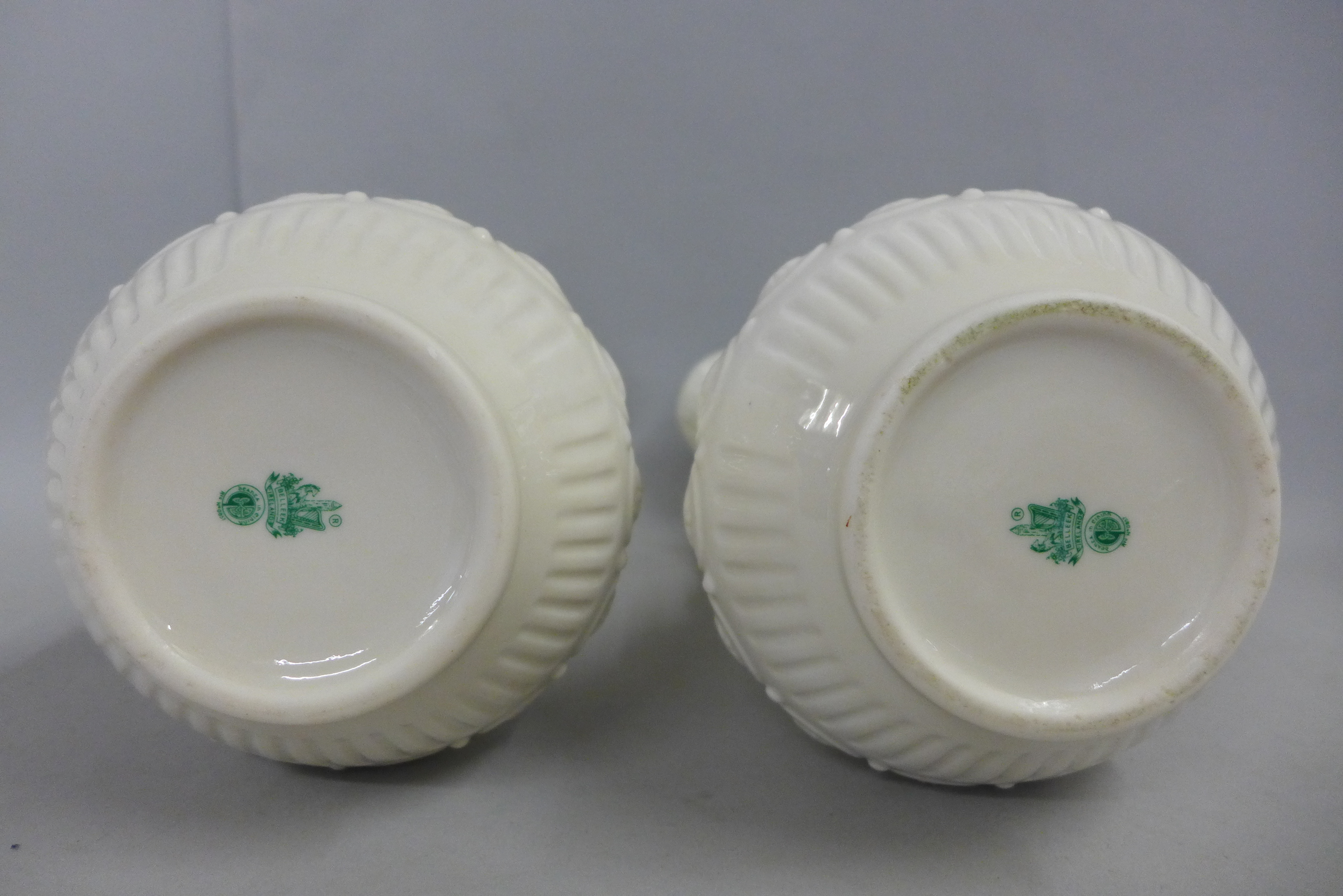 A pair of Belleek Aberdeen floral pitchers with green backstamp - Image 2 of 2