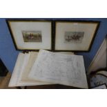 Two hunting prints and seven maps