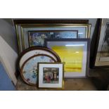 Assorted prints, an oil painting, needlework tray, etc.