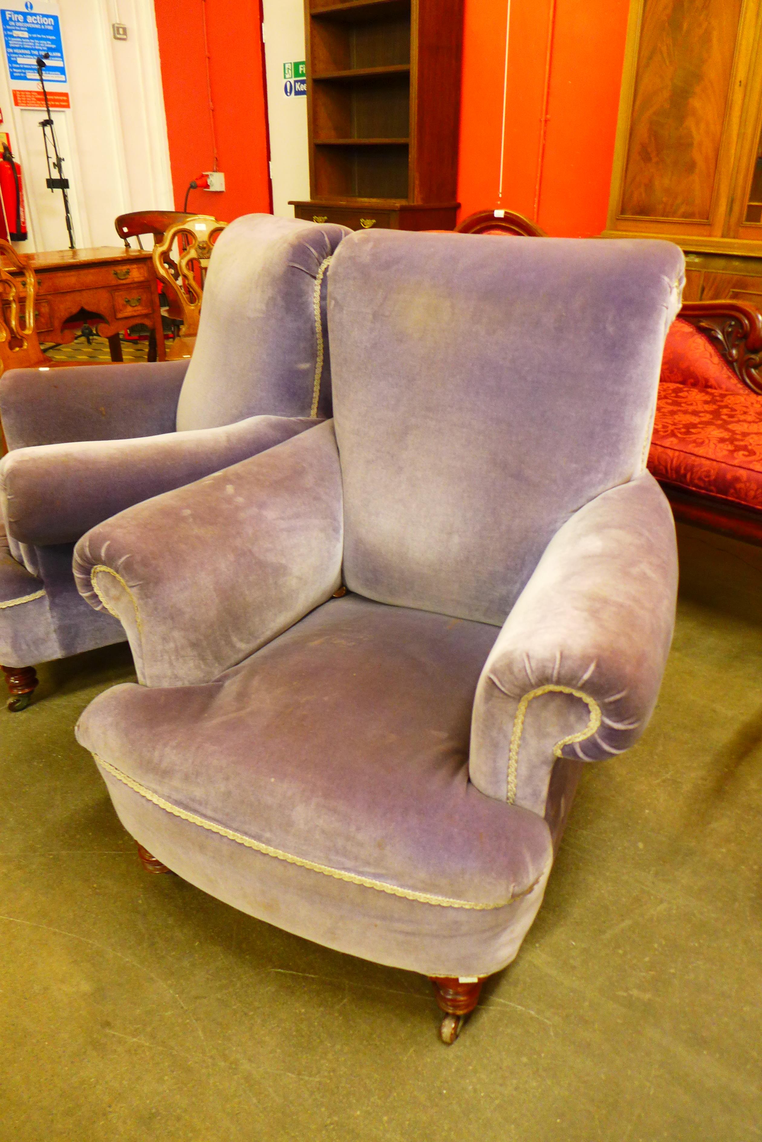 A pair of Victorian Howard style mahogany and fabric upholstered armchairs - Image 2 of 2