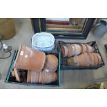 Assorted terracotta plant pots and a blue and white porcelain tureen