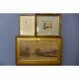 English School (19th Century), river landscape, watercolour, framed and two others