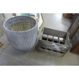 A galvanised dolly tub and a wooden advertising crate