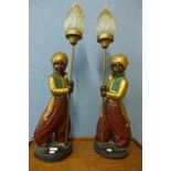 A pair of Indonesian painted bronze figural table lamps