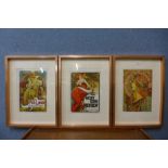 A set of three Alfonse Mucha prints, framed