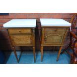 A pair of similar French Louis XV style mahogany, burr elm, gilt metal and marble topped night