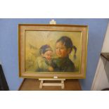 J. Chan, study of two children, oil on canvas, framed with easel