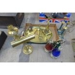 A brass desk lamp, a tray, a pair of table lamps, etc.