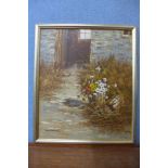 * Chadwick, flowers by a barn door, oil on canvas, framed