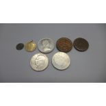 An early hammered silver coin, a George II 1750 shilling, a/f, and five other coins