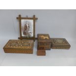 A Tunbridge Ware picture frame and four other inlaid boxes