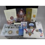 Ten £5 coin commemoratives, three £2 coin covers and three silver coins from The Millionaire