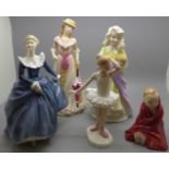 Five Royal Doulton figures; Pretty Ladies Spring, This Little Pig, Little Ballerina, Charity and