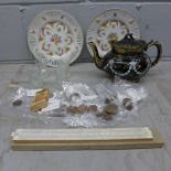 A circa 1900 teapot, two ribbon plates, four small glass vases, coins, a set of cigarette cards