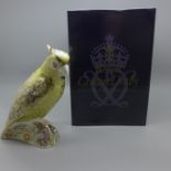 A Royal Crown Derby Bird paperweight - Citron Cockatoo, 13cm, gold stopper and certificate, boxed