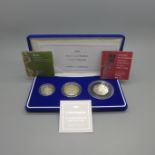 A 2003 Silver Proof Piedfort 3-Coin Collection, 50p, £1 and £2