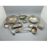 A Georgian silver spoon, 25g, silver plated items including a jug, two pierced dishes, etc.