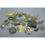 A collection of military cap badges, (replica German buckle)