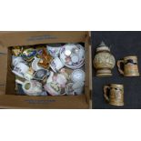 A box of mixed china including Royal Doulton Autumn's Glory, a stein, a character jug, a table