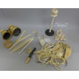 Bone and ivory items, a parasol handle, etc., opera glasses a/f