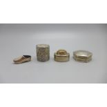 Three silver pill boxes and a miniature 925 silver shoe pin cushion, (one pill box marked Mexico)