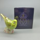 A Royal Crown Derby paperweight - Spangle Grey Green Budgerigar, one of an exclusive limited edition