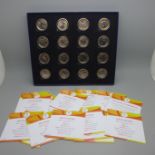 A collection of sixteen Rio 2016 Olympic 1 Real coins, boxed and cased