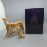 Two Royal Crown Derby paperweights - Cheetah Daddy, 15cm, with gold stopper and box and a Cheetah