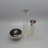 Three glass bottles/jar with silver and tortoiseshell tops, (3)