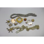 Two spider pocket watch keys, a Victorian memorial brooch, guard chain, a Fire Watcher badge, a