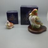 Two Royal Crown Derby Bird paperweights - Collectors Guild Exclusive Green Winged Teal with wooden