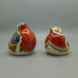 Two Royal Crown Derby Bird paperweights - Royal Robin and Robin, both have the red Royal Crown Derby
