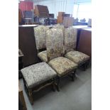 A set of four French beech and fabric upholstered dining chairs and a matching stool