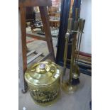 A brass coal box, companion set and other brass, etc.