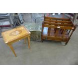 A mahogany Canterbury, a brass coal box and an Italian jewellery table